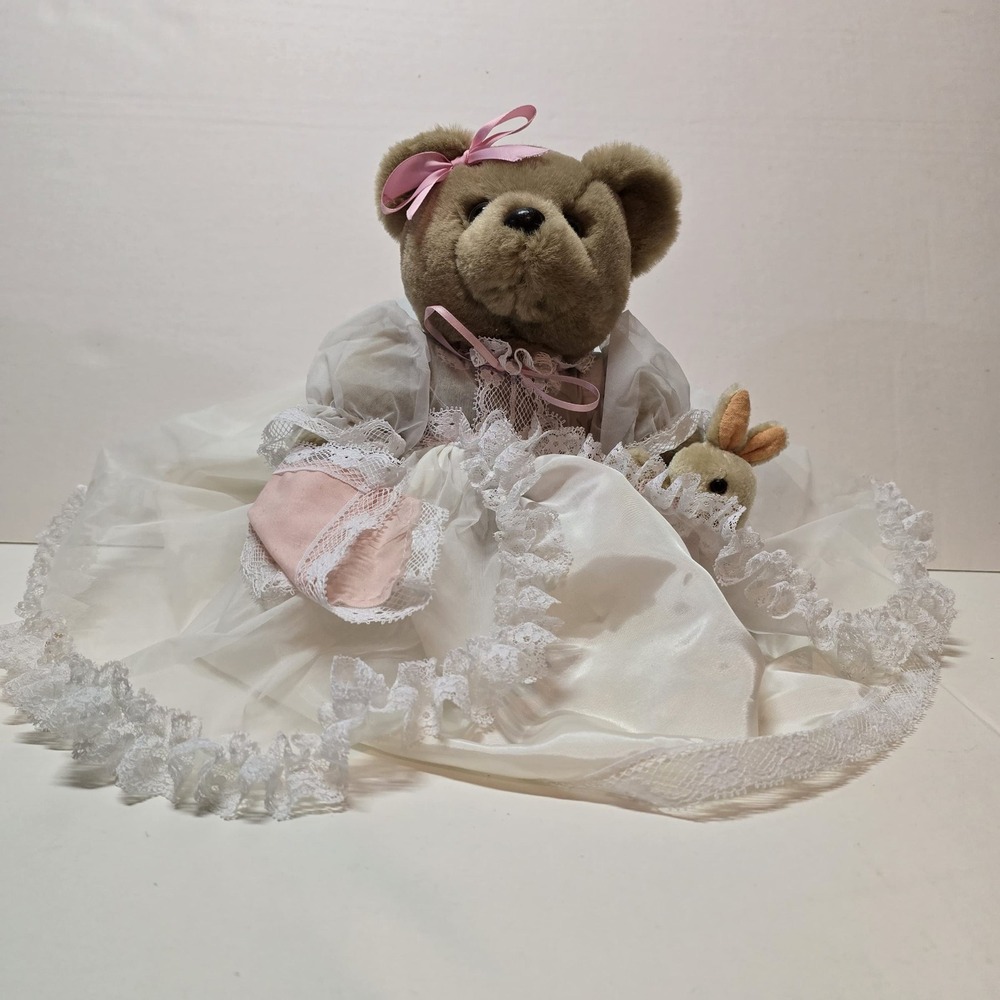 Vintage 1994 Bearly People Teddy Bear Plush Bunny Slippers Lace Dress 13in